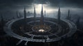 A colossal ring structure, encircling a bustling cityscape, its surface etched