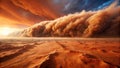 A colossal sandstorm engulfs a vast, desolate desert landscape under a fiery, dramatic sky. Generative AI Royalty Free Stock Photo