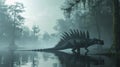 A colossal spinosaurus wades through a shallow swamp the murky waters adding to the eerie ambiance of the foggy forest