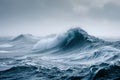 A colossal wave crashes forcefully in the vast expanse of the ocean, The contrasting calmness and violence of ocean waves, AI