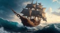 art illustration of big ancient pirate ship sailing on rough sea