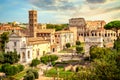 The Colosseum and Arch of Constantine in Rome, Italy during summer sunny day sunset. The world famous colosseum landmark in Rome Royalty Free Stock Photo