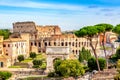 The Colosseum and Arch of Constantine in Rome, Italy during summer sunny day. The world famous colosseum landmark in Rome Royalty Free Stock Photo