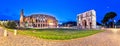 Colosseum and Arch of Constantine square panoramic dawn view in Rome Royalty Free Stock Photo