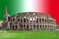 Colosseum building in Rome city. Abstract Italy flag