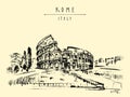 Rome, Italy. Colosseum, or Coliseum. Vintage hand drawn travel postcard