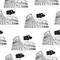 Colosseum digital hand drawn sketch seamless pattern. With Rome sign. Vector isolated