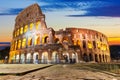 The Colosseum illuminated at sunrise, front view, Rome, Italy Royalty Free Stock Photo