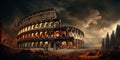 Colosseum in Italy at sunset, set against a dark grey sky with clouds