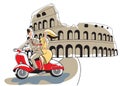 Colosseum, Rome, Italy, young couple retro style riding a red motor scooter Royalty Free Stock Photo