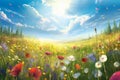 Colouful wild flowers blossoming in summer meadow under sunny blue sky Royalty Free Stock Photo