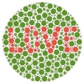 Colour blind test with word LOVE. Love is blind concept