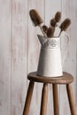 Colour Card and Vase on a Stool Over Blue Backdrop Royalty Free Stock Photo