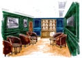 Colour concept sketch of a smoking room.