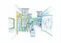 Colour illustration of an indoor exhibition area.