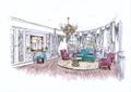 Colour illustration of a large traditionally furnished lounge.