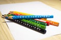 Colour pencils. Applications. Children`s handwork. Kindergarten. Stationery. Royalty Free Stock Photo