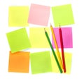 Colour pencils and postit for reminder note Royalty Free Stock Photo