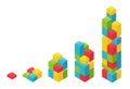 Colour plastic bricks. Size construction process stages. Building blocks for children construction kits. Development