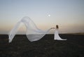 Woman in white under full moon on burnt field