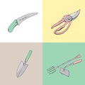 Colour set with different gardening tools. Object for growing plants at home Royalty Free Stock Photo