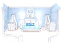 Colour sketch of a blue bedroom with a double bed with cots either side.