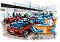 Colour sketch of a showroom selling electric vehicles.