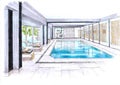 Colour sketch of a hotel swimming pool and spa. Royalty Free Stock Photo