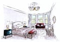 Colour sketch of a large, luxurious bedroom.