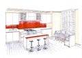 Colour sketch of a modern style kitchen with stools and a breakfast bar. Royalty Free Stock Photo