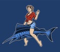 Colour vector fishing illustration of pin up girl