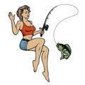 Colour vector fishing trip illustration with a pin up girl