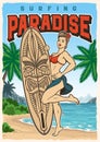 Colour vintage poster with a pin up girl with a surfboard