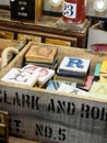 Coloured alphabet letters on wooden boards in a white wooden box. Royalty Free Stock Photo