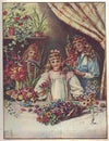 Coloured antique illustration shows girls with flower bunches. Vintage illustration shows small girls playing with big