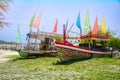 Coloured boats on land