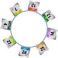 Coloured calendar pages hanging in circle