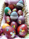 Coloured easter eggs in basket close up Royalty Free Stock Photo