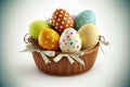 Coloured Easter eggs in basket. Collection. Royalty Free Stock Photo