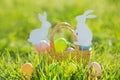 Coloured Easter Eggs In Basket Padded Out With Rabbit Decorations Royalty Free Stock Photo