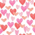 Coloured pencil seamless pattern romantic heart design for valentine`s day, illustration background