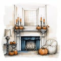 Fall Decor Illustration: Pumpkins In Fireplace With Ink And Wash Style