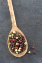 Coloured pepper on a wooden spoon isolated on slate Royalty Free Stock Photo