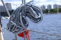 Coloured ropes. Sailboat detail.