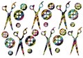 Coloured set with scissors and buttons for packaging and cards and stickers and postcard and magazines Royalty Free Stock Photo