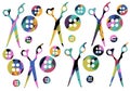 Coloured set with scissors and buttons for packaging and cards and stickers and postcard and magazines Royalty Free Stock Photo