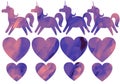 Coloured set with unicorns and hearts for stickers and cards and posters and postcard and magazines and kids and hobbies