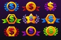 Coloured templates dollar icons for awards, creating icons for mobile games. Vector concept gambling assets, set Mobile App Icons