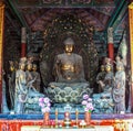 Coloured woodcarving sculpture in the Mahavira Hall (Hall of Ceremony) of Down-Huayan temple Royalty Free Stock Photo
