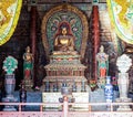 Coloured woodcarving sculptures of Mahavira Hall (Hall of Ceremony) of Up-Huayan temple Royalty Free Stock Photo